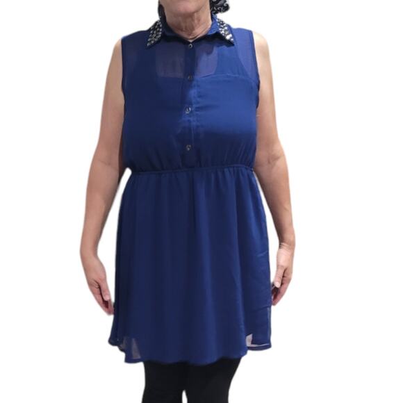 FOREVER 21 Blue Studded Semi-Sheer Dress Sz Large Unique Rocker Sleeveless - Picture 1 of 9